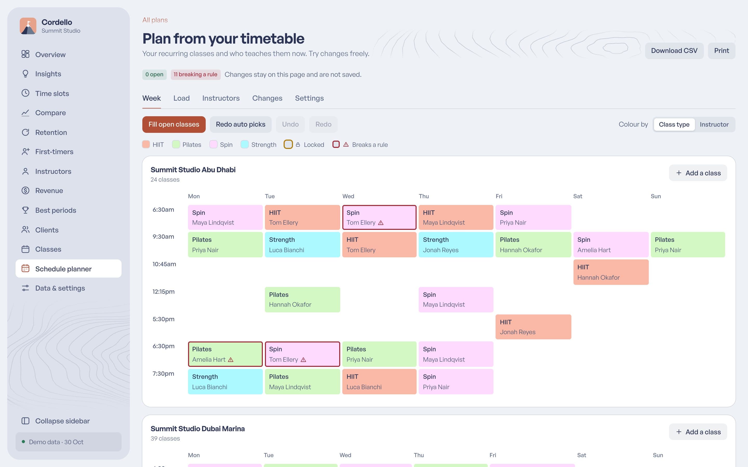 The Schedule planner in Cordello: a usual week of classes by studio, with the instructor chosen for each class.